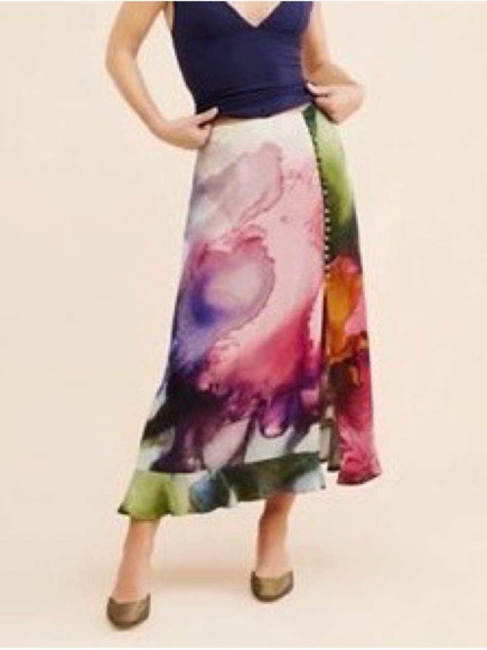 Anthropologie Watercolor Floral Midi Skirt - Pink, Purple, Green